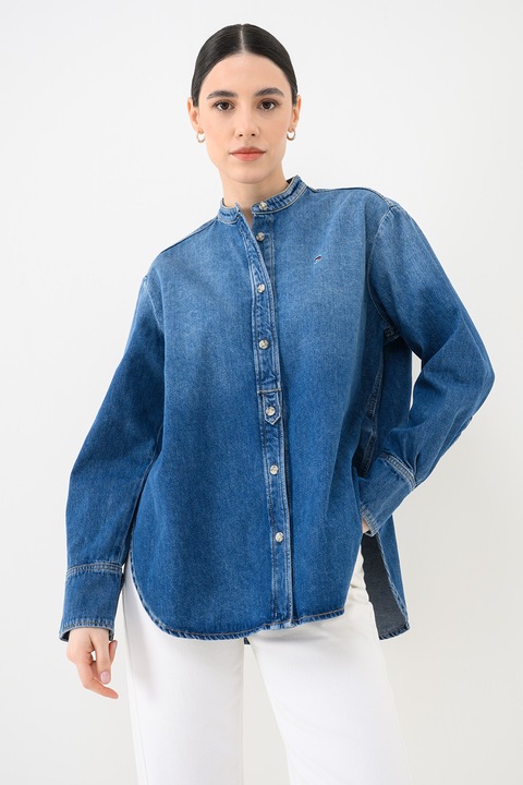 Tommy Hilfiger, Camasa de denim cu guler tunica Glow, Albastru melange