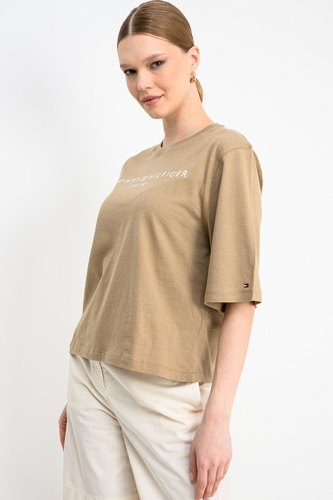Tommy Hilfiger, Tricou lejer cu imprimeu logo si maneci medii, Bej