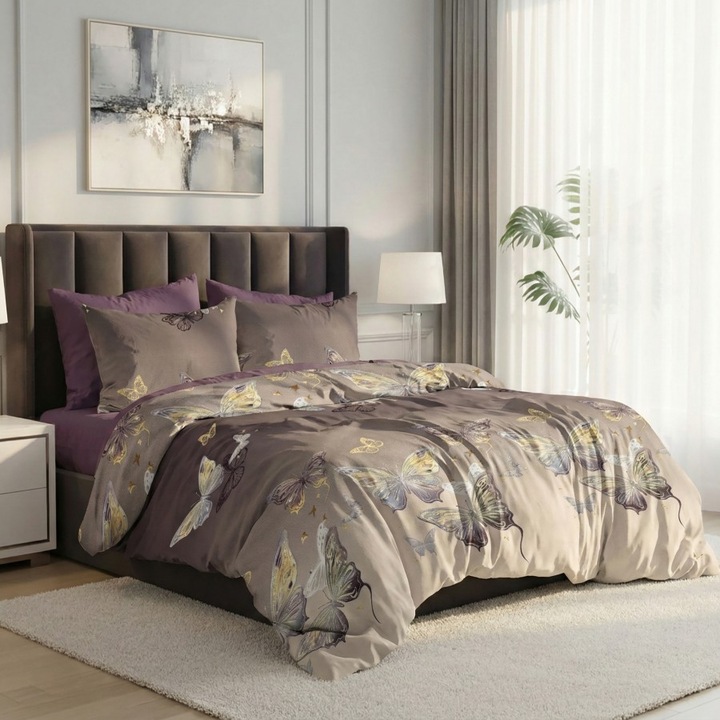 Lenjerie de pat dublu, 6 piese, cearceaf de pat plat 230x250 cm, Lenjerii Deosebite, Fluturi