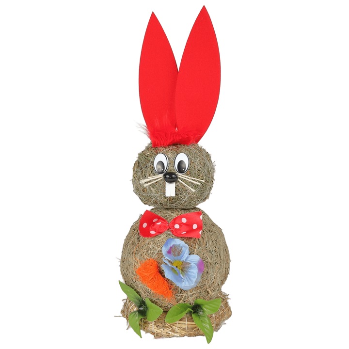 Iepuras Decorativ de Paste din Paie, Rosu-Natur cu Morcov, 48 cm, Figurina Rusticǎ pentru Decor Interior