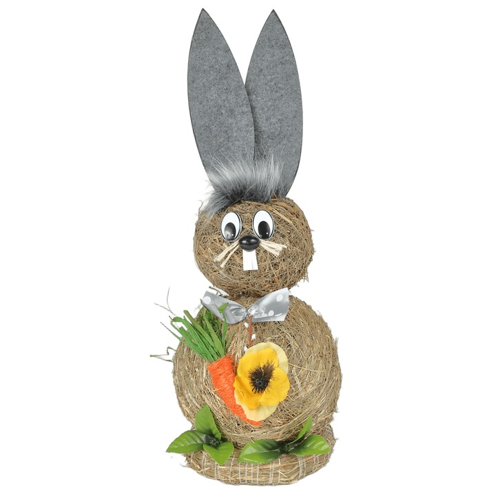 Iepuras Decorativ de Paste din Paie, Gri-Natur cu Morcov, 48 cm, Figurina Rusticǎ pentru Decor Interior