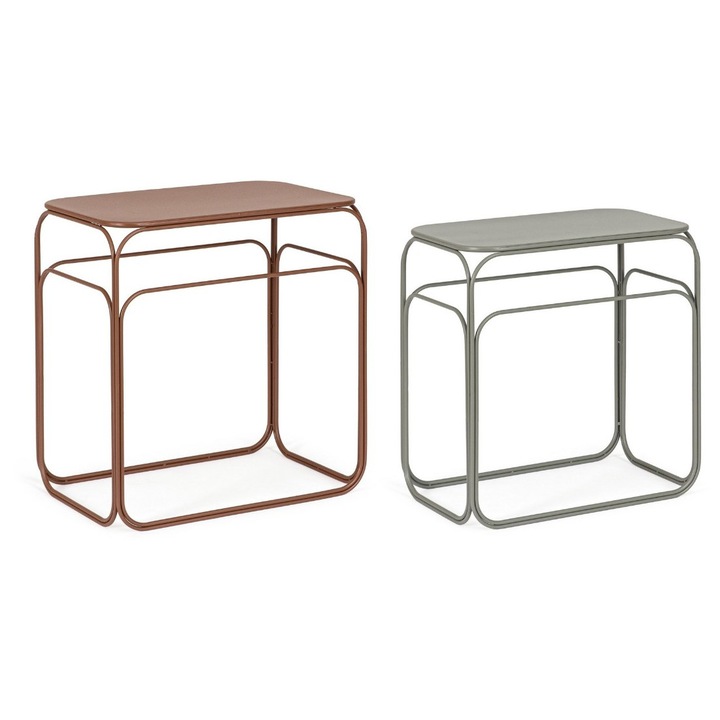 Set 2 măsuțe cafea Bizzotto, otel, verde-salvie și maro, 51x30.5x55h, 56x36x59.5h