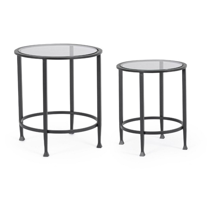 Set 2 măsuțe cafea Bizzotto, otel negru, sticlă securizată, 38x46cm, 46x51cm