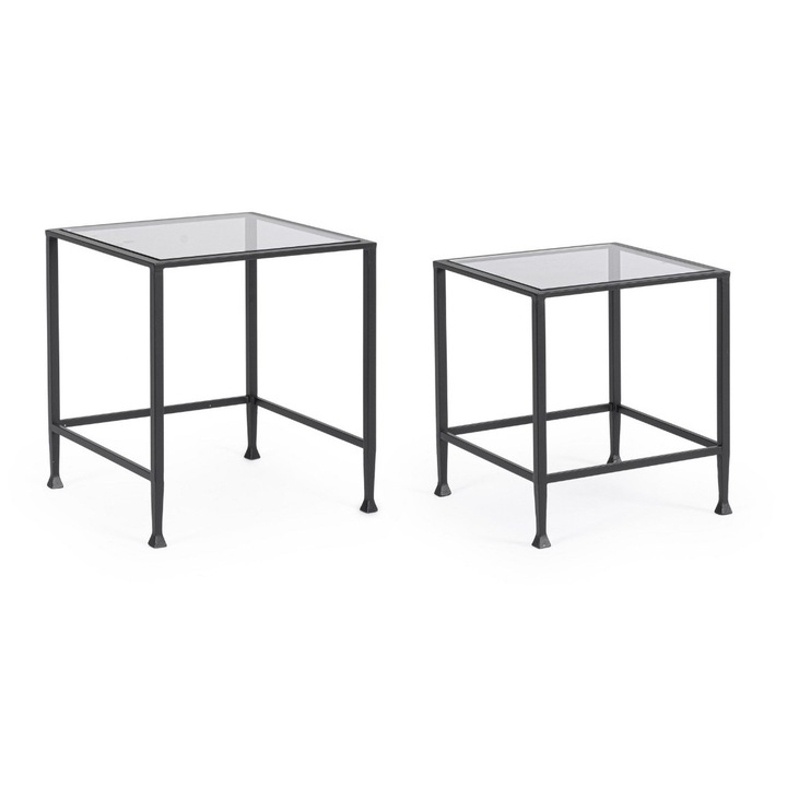 Set 2 măsuțe cafea Bizzotto, otel negru, sticlă securizată, 40.5x40.5x46h, 46x46x51h