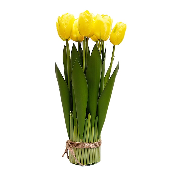 Buchet decorativ, 9 lalele artificiale, galben, 27cm