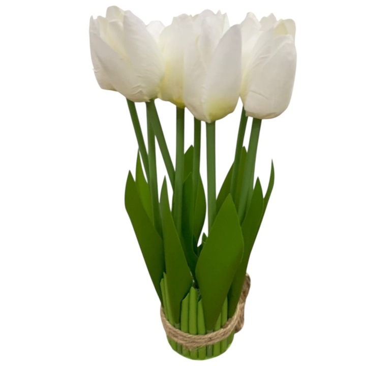 Buchet decorativ, 9 lalele artificiale, alb, 27 cm