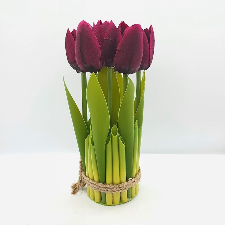 Buchet decorativ cu 9 lalele artificiale, roșu, 27cm, interior