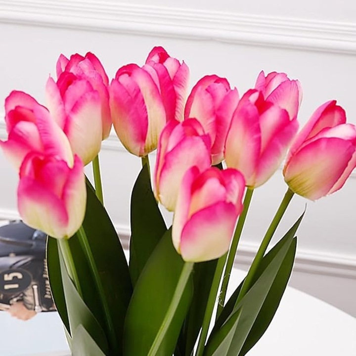 Buchet decorativ cu 9 lalele artificiale, roz, 27 cm