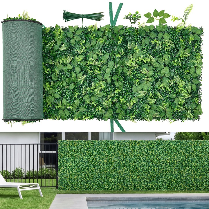 Perete vegetal artificial, Set 4 panouri 243, 8x61cm, verde, rezistent la UV, pentru interior și exterior