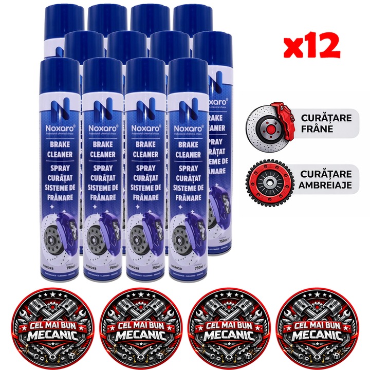Set 12 buc Spray Curatare Frane si Ambreiaje NOXARO, Degresare Puternica, Curatare si Uscare Rapida, 750 ml