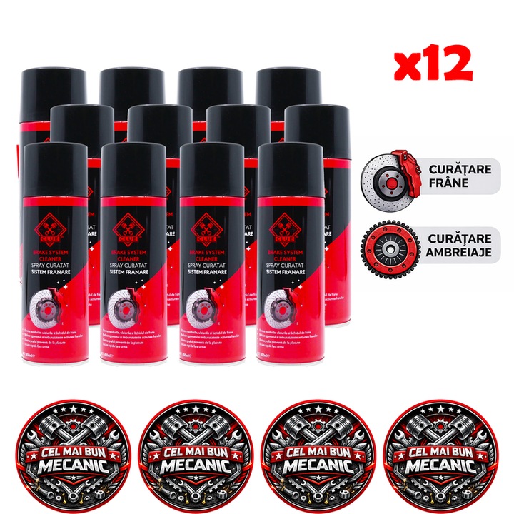 Set 12 buc Spray Curatare Frane si Ambreiaje CLUE, Degresare Puternica, Curatare si Uscare Rapida, 450 ml