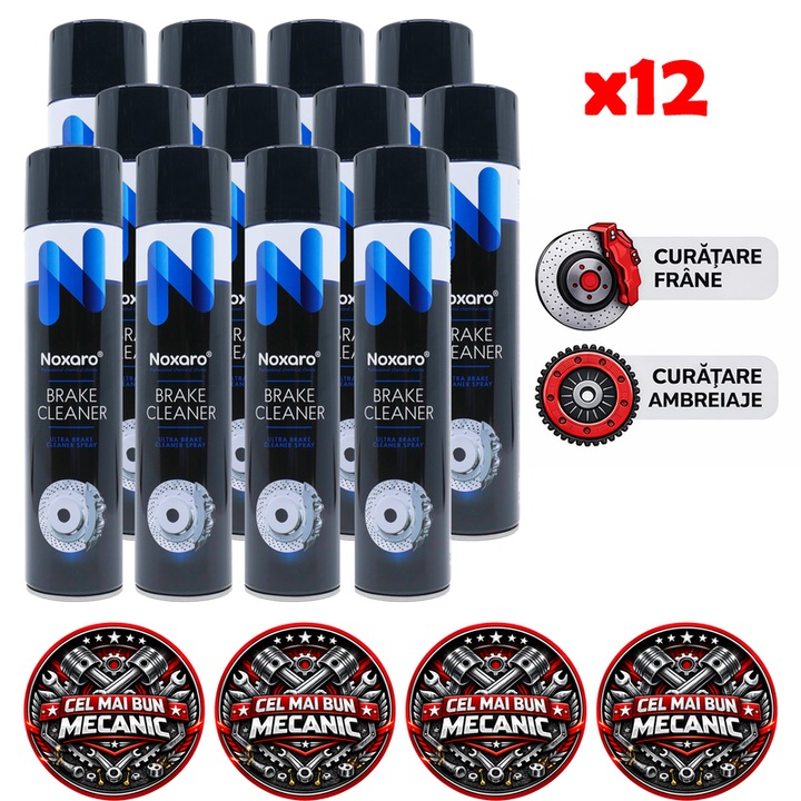Set 12 buc Spray Curatare Frane si Ambreiaje NOXARO, Degresare Puternica, Curatare si Uscare Rapida, 650 ml