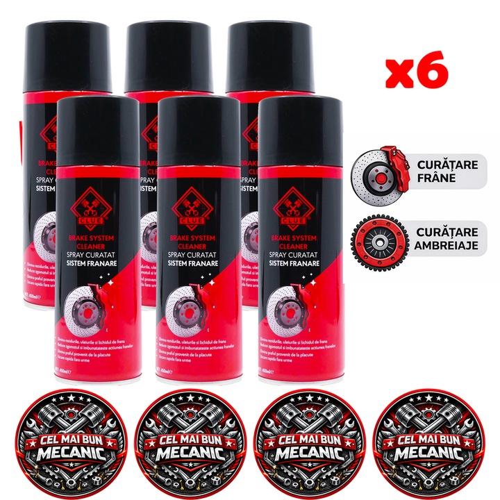 Set 6 buc Spray Curatare Frane si Ambreiaje CLUE, Degresare Puternica, Curatare si Uscare Rapida, 450 ml