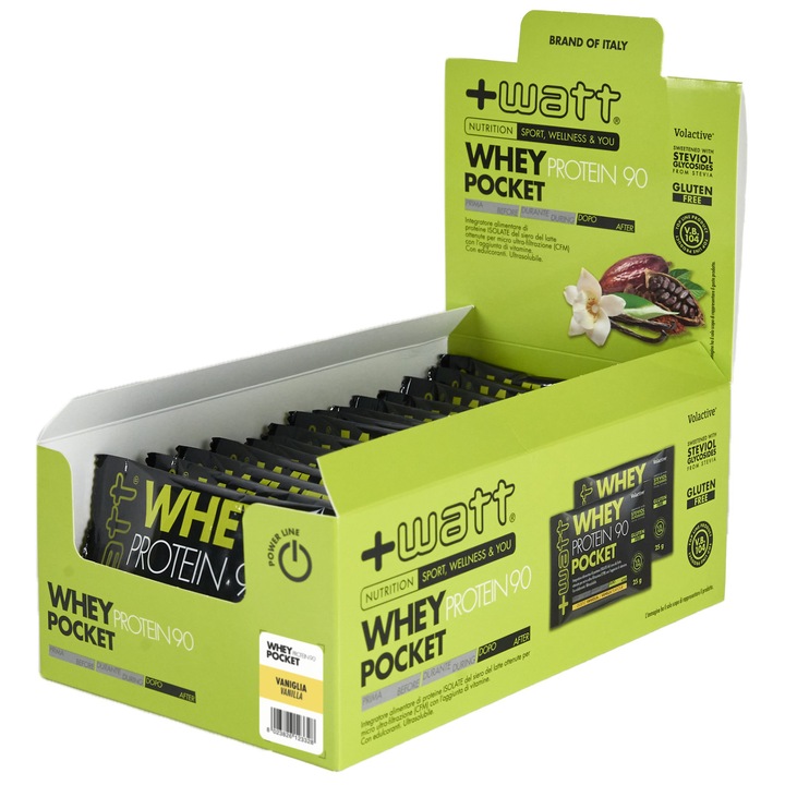 Whey Protein 90 Pocket +Watt, cutie cu 15 plicuri de 25g - Aroma de vanilie