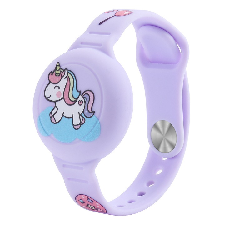 Bratara pentru AirTag, Hurtel, design unicorni, waterproof, violet