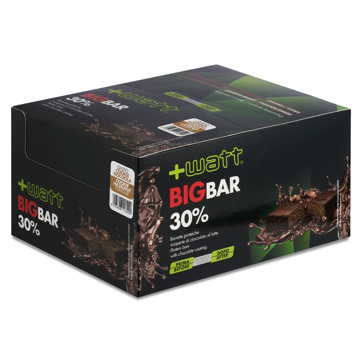 Batoane proteice Big Bar +Watt, cutie cu 20 batoane, 30% proteine din lapte, ciocolata cu lapte, aroma cookie alune