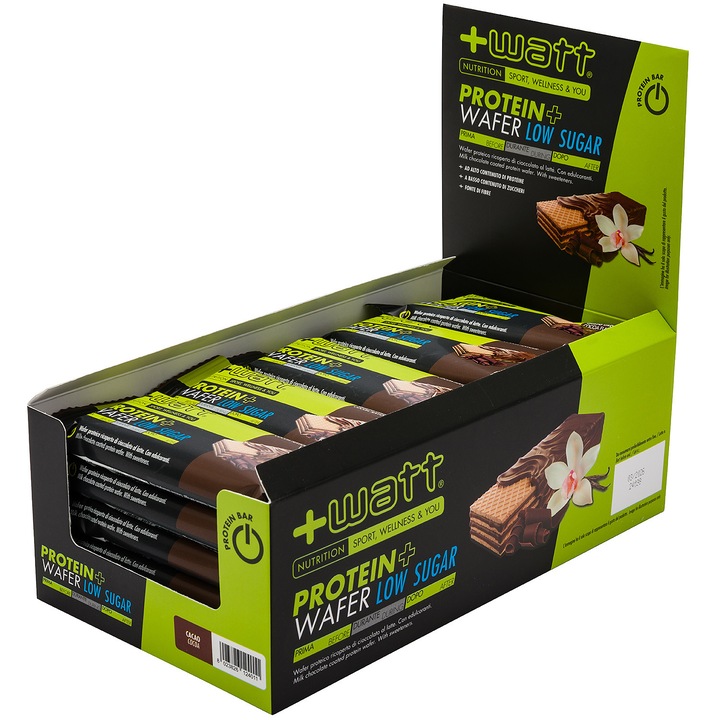 Baton proteic +Watt Protein+ Wafer Low Sugar, cacao, cutie cu 25 batoane, 35g, continut scazut de zaharuri