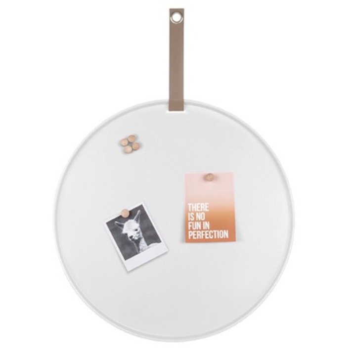 Tablica magnetica decorativa, Present Time, 50 cm, metalica, alba, cu 6 magneti, cu suport din piele ecologica