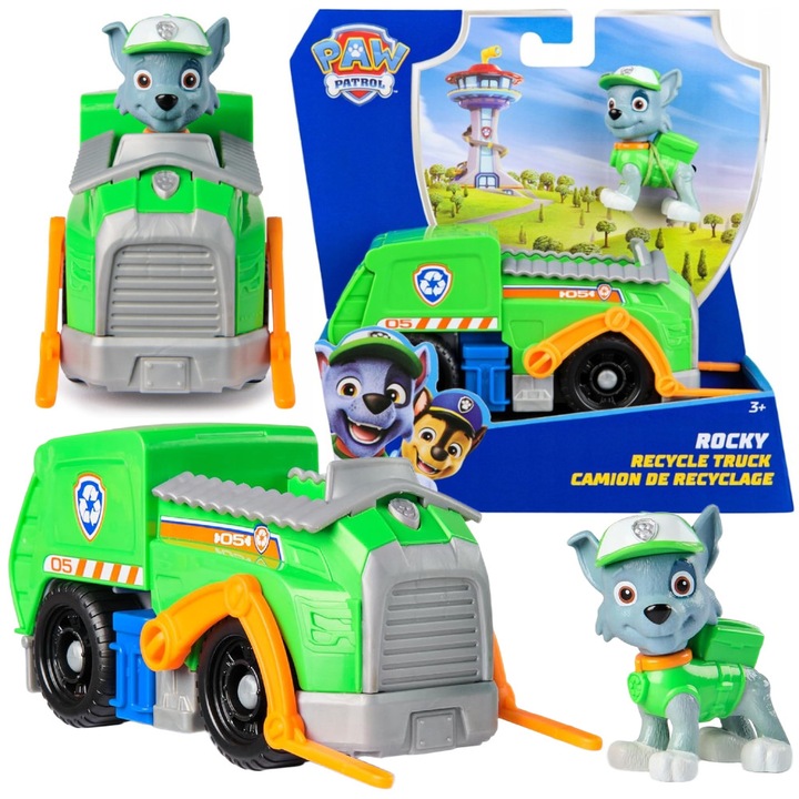 Masinuta cu figurina Psi Patrol, 17cm, verde, Masina de Gunoi cu Figurina Rocky 20148930, Spin Master