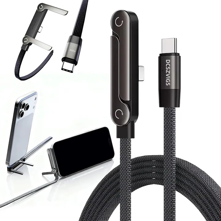 Кабел за данни DCSZVIGS USB-C към Type-C 240W, черен, 1.5м, регулируема стойка за телефон