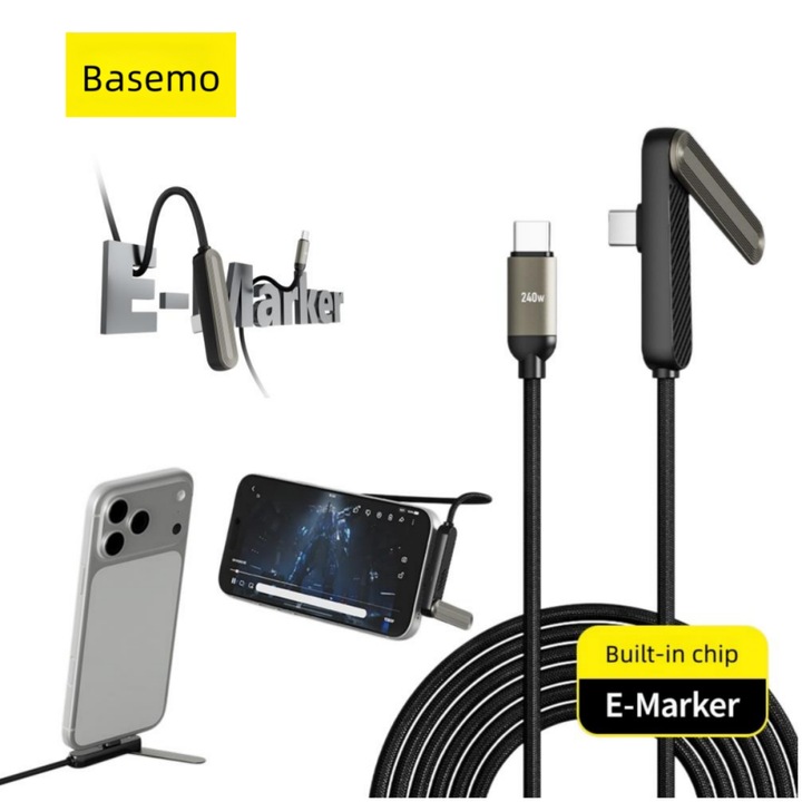Töltőkábel mobiltelefonhoz, Basemo, beépített 360°-ban forgatható tartóval, E-Marker biztonsági chippel, széleskörűen kompatibilis eszközökkel, 240 W-os gyorstöltés