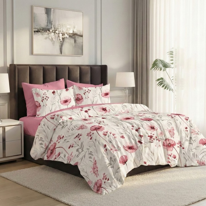 Ágyneműhuzat garnitúra, 6 részes, lapos lepedő 230x250 cm, Különleges ágyneműk, Rózsaszín pipacsok