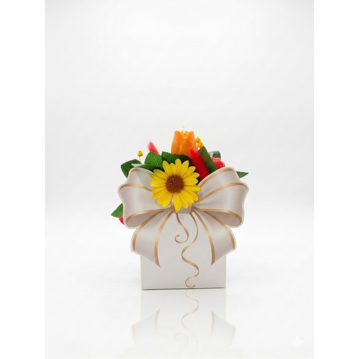 Aranjament Floral Premium "Gentuta cu Funda", flori nemuritoare, lumanari parfumate din ceara de soia, alb-auriu, 6x10x14, 5cm