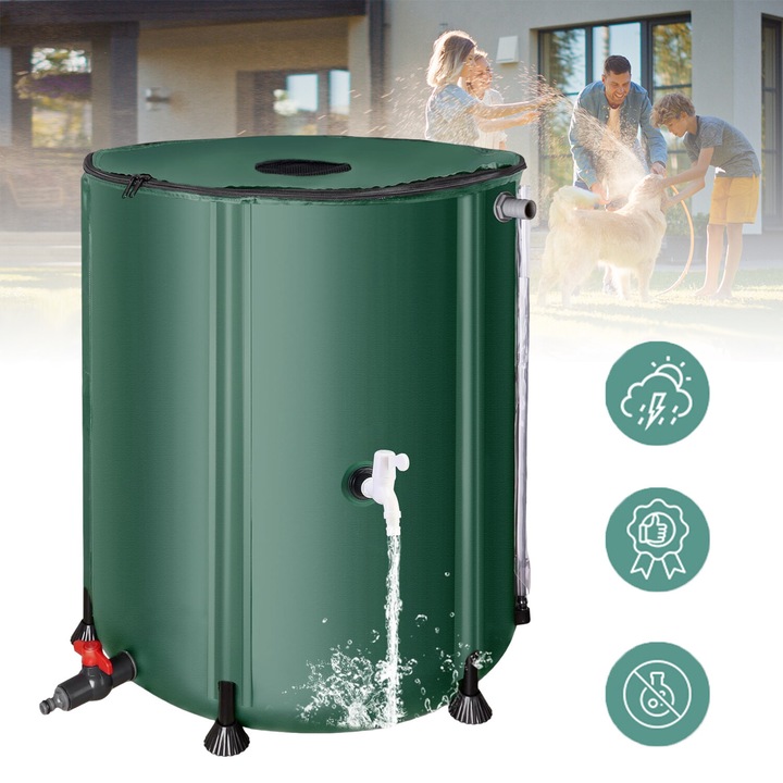 Rezervor pentru apa de ploaie, Bedee, 200 L, Durabil, Material PVC rezistent, Portabil, Pliabil, Filtru de plasa, Usor de folosit si Instalare, cu supapa, Verde
