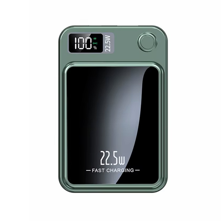 Baterie externa Wireless Magnetica 10.000 mAh NEXTLY, incarcare rapida, 22.5W, incarcare wireless 15W, compatibila MagSafe, afisaj digital, port Tip-C, 10.3x6.8x1.8cm, verde