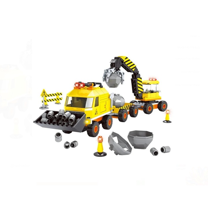 Set Cuburi de Constructie Vehicule, 283 Piese, Camion si Excavator, 6+ Ani, 35x5.5x25cm