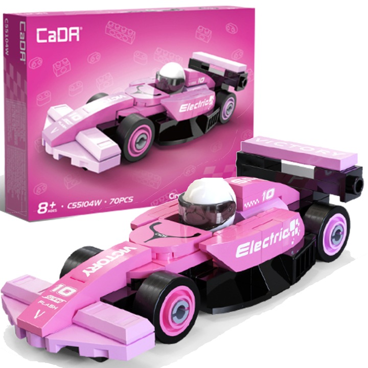 Blocuri de construcție CaDA - Set Mașină de curse Circuit Racing Car, 70 piese, roz, 4x9, 5x3cm