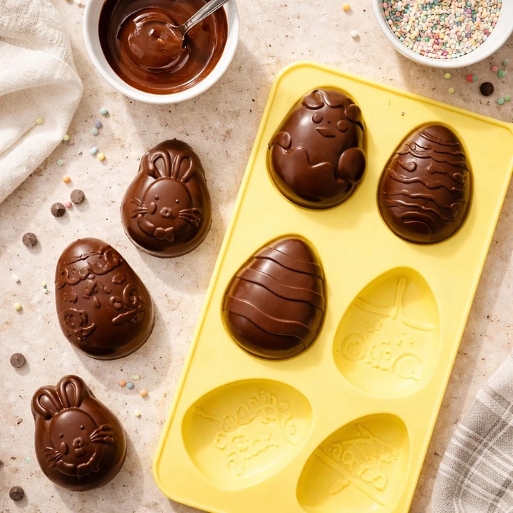 Forma din Silicon pentru Oua de Paste ANTBRO®, Matrita cu 6 Modele Oua, Forma pentru Ciocolata, Prajituri si Deserturi, Rezistenta -40°C pana la 230°C, 6.5 x 26 cm