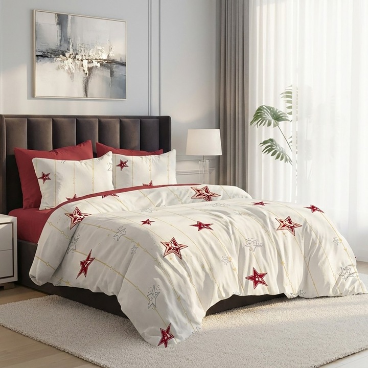 Lenjerie de pat dublu, 6 piese, cearceaf de pat plat 230x250 cm, Lenjerii Deosebite, Stelute Bordo