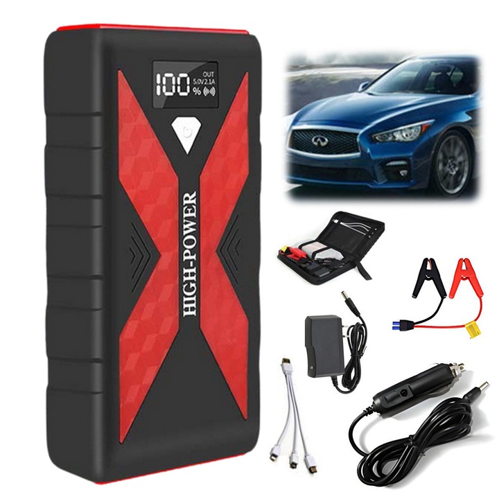 Starter Auto de Urgenta, Jump Starter Portabil, 320A, 12V, capacitate baterie 18000 mAh, Lanterna LED, Display LCD, Ideal pentru Masini, functie baterie externa, Incarcare rapida, Protectie Inteligenta, Biciclete Motor si Barci, Negru