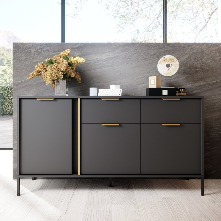 Biblioteca comoda LAVIK, sertare, accente aurii, antracit, 82x153x40cm