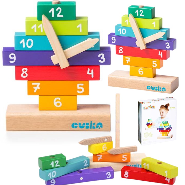 Fából készült oktatóválogató, maksik, óra, 10 darab, 18,5x5,5x15cm