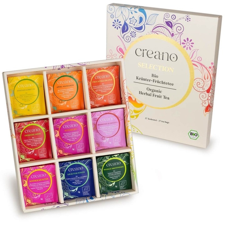 Set cadou ceai de fructe si plante Creano, 27 plicuri (9 varietati), 54 g, fara cofeina