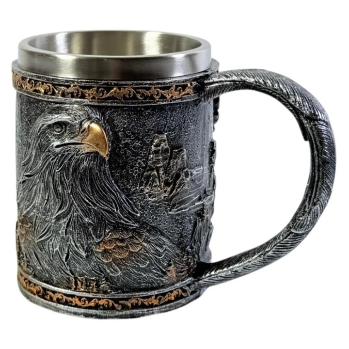 Halba Dragon Viking CARODIS – 400 ml, Design Medieval cu Vultur Argintiu, din Rasina si Inox