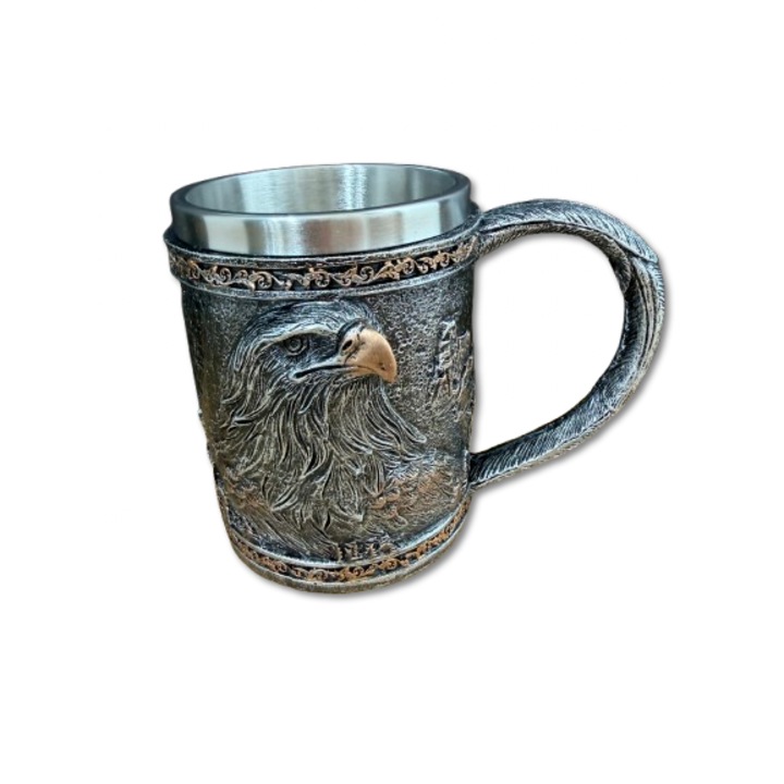 Cana decorativă cu vultur în relief, interior din inox, exterior din rășină, design vintage