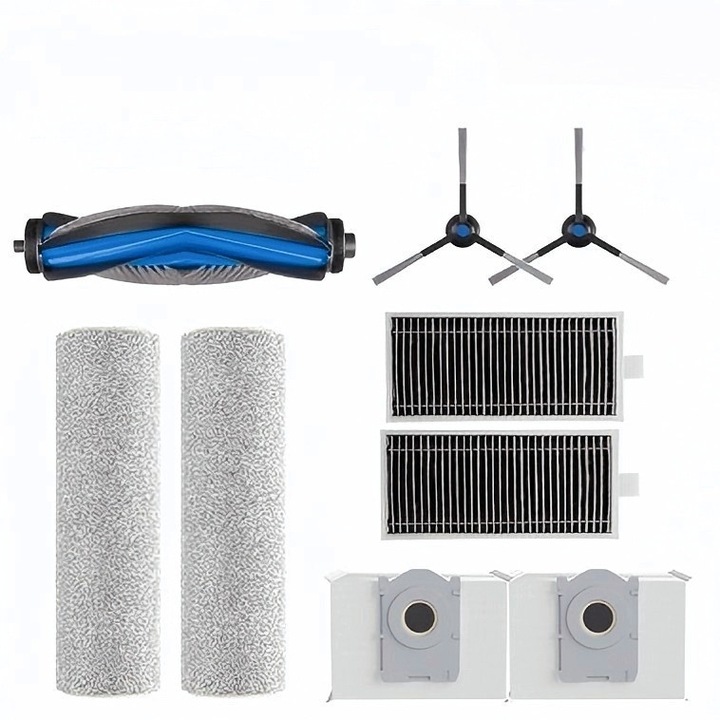 Kit de piese de schimb pentru aspirator Ecovacs Deebot X8 / X8 Pro, set de 9 accesorii: 1 perie principala, 2 perii laterale, 2 filtre, 2 mopuri, 2 saci de praf