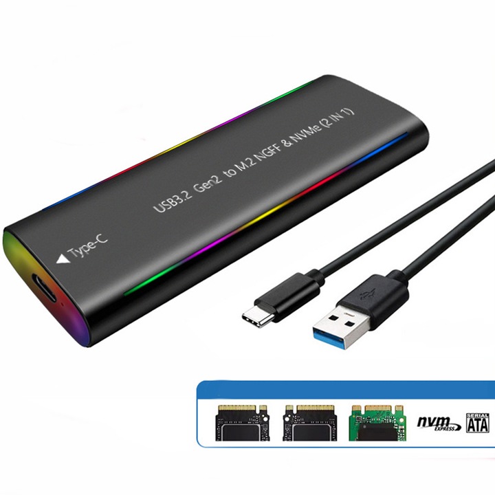 Carcasa SSD M.2 M, viteza de transfer de pana la 10 Gbps, capacitate maxima 2 TB, protocol USB3.2 NGFF/NVME Carcasa mobila USB-C, aliaj de aluminiu cu lumina RGB, compatibila cu Windows/Mac/Android/Harmony OS (NVME C la A, negru)