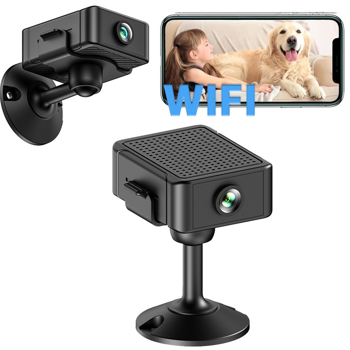 Mini kamera HD Wi-Fi, dispozitiv spion, obiectiv rotativ la 180°, unghi de vizualizare la 150°, microfon, 4 Hours Battery Life, SD Card & Cloud Storage, Motion Detection Alarm, Phone App Alerts in Time
