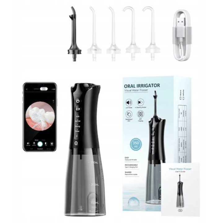 Szájzuhany, vezeték nélküli, hordozható, 5 fúvóka, mobil alkalmazás, IPX7 vízálló, akkumulátoros, USB töltés