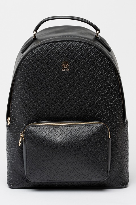 Tommy Hilfiger, Rucsac de piele ecologica cu monograma in relief, Negru