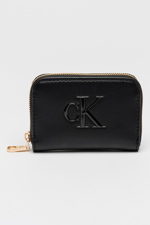 CALVIN KLEIN, Portofel de piele ecologica cu fermoar si logo Bold, Auriu, Negru