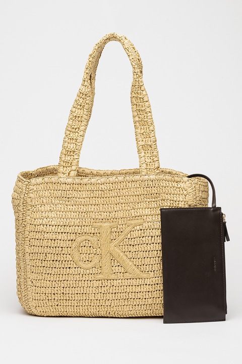 CALVIN KLEIN, Сплетена чанта от рафия с лого, Бледожълт