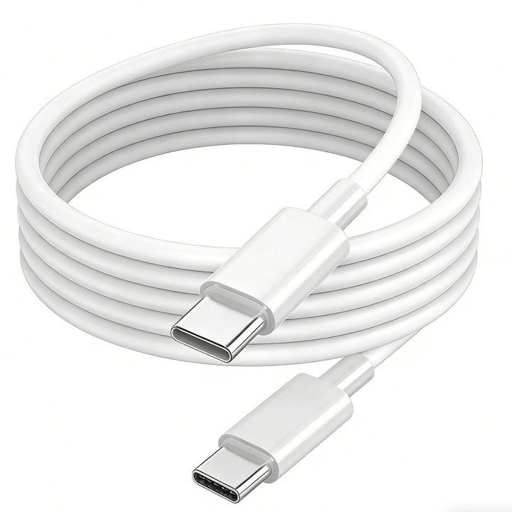 Cablu de incarcare USB C la USB C, incarcator rapid 60W, 2m, EleYak, cablu de alimentare USB C la USB-C pentru iPhone 17/16/15 Pro/Pro Max/Air, MacBook Air 13 inch/iPad Pro/Air/10th/4/5 Type C, compatibil cu Xiaomi si Samsung, alb