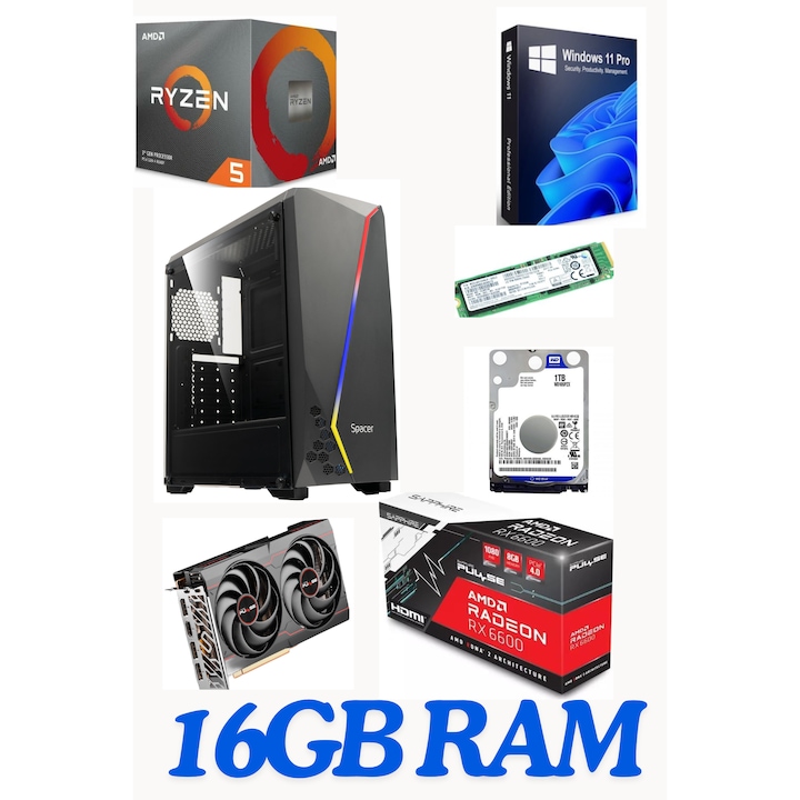 Calculator gaming GTA5 Fornite CSGO Flash Ryzen 5 3600 3.6Ghz ram 16gb DDR4 ssd M2 240gb+ hdd 1TB Saphire RX6600 8GB Windows 11