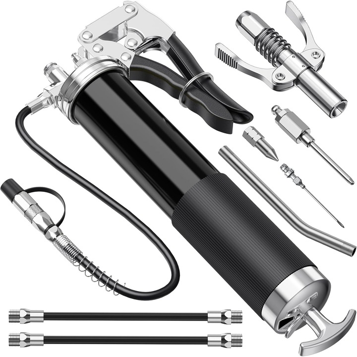 Pompa de gresat manuala, 6000 PSI - 7000PSI Kit pistol pentru unsoare cu maner de pistol, Capacitate 14 oz, Set complet accesorii, cu furtun flexibil, Injector si Duze, ergonomic, Negru