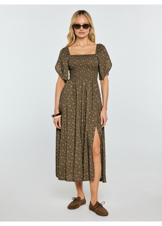Миди рокля, Big Star, флорална, еластична талия, зелена, вискоза